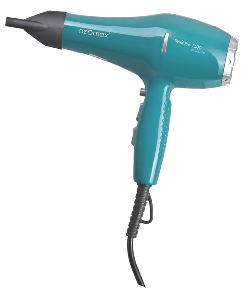 A teal and black Ozomax best hair dryer for men with a concentrator nozzle, shown against a plain white background.